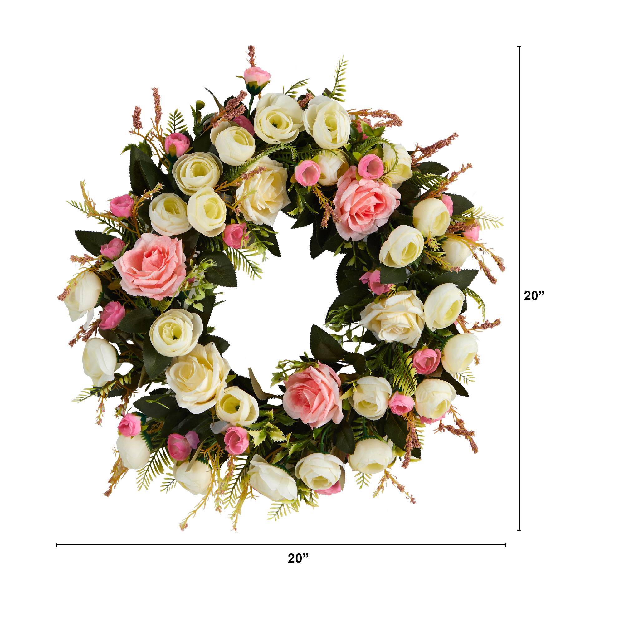 20" White & Pink Rose Wreath